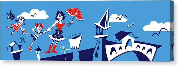 Mary Poppins Canvas Print featuring the digital art Mary Poppins flying in Venice Skyline by Arte Venezia