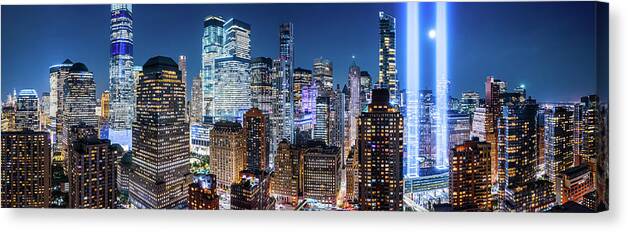 New York Canvas Print featuring the photograph Drone view panorama of downtown New York City by Mihai Andritoiu