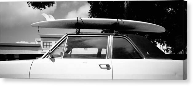 Photography Canvas Print featuring the photograph Usa, California, Surf Board On Roof #1 by Panoramic Images