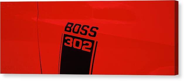 Photography Canvas Print featuring the photograph Boss 302 Emblem On A Car by Panoramic Images
