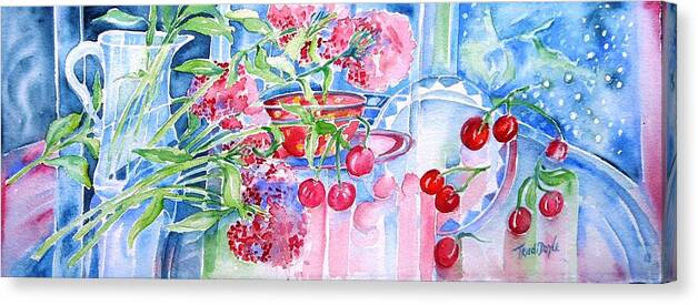 Red Cherries Canvas Print featuring the painting Red Cherries and Sweet William by Trudi Doyle