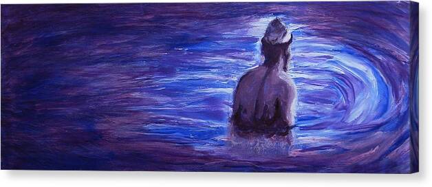Nude Painting Canvas Print featuring the painting Religious Nude Male Dipping in Mikveh Baptism in Swirling Water Pool in Purple Blue by M Zimmerman