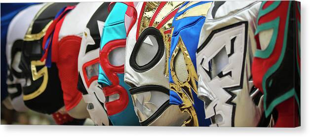 Object Canvas Print featuring the photograph A Line of Lucha Libre Luchador Masks by Derrick Neill