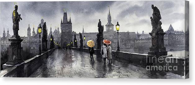 Prague Canvas Print featuring the painting BW Prague Charles Bridge 05 by Yuriy Shevchuk
