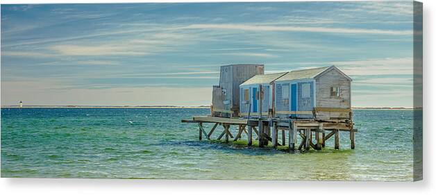Panorama Canvas Print featuring the photograph House On The Beach With Lighthouse Panorama by Darius Aniunas