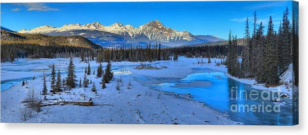 Athabasca River Canvas Print featuring the photograph Jasper Winter Mountain Panorama by Adam Jewell