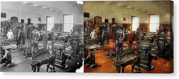 Bureau Of Standards Canvas Print featuring the photograph Machinist - The standard way 1915 - Side by Side by Mike Savad