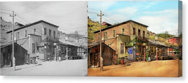 New Mexico Canvas Print featuring the photograph City - Mogollon, NM - The Meat Market on Main 1940 - Side by Side by Mike Savad