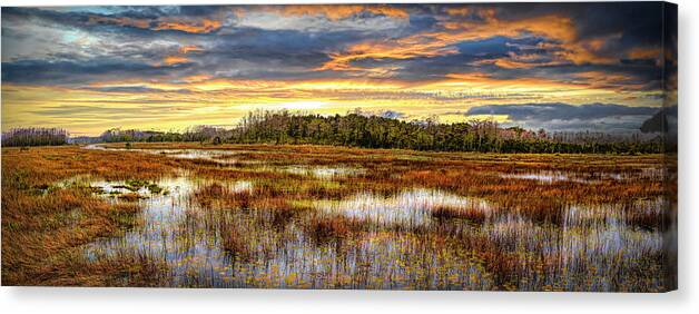 Clouds Canvas Print featuring the photograph Fall Panorama Overlooking the Marsh by Debra and Dave Vanderlaan