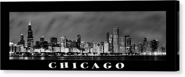 Chicago Skyline Canvas Print featuring the photograph Chicago Skyline at Night in Black and White #3 by Sebastian Musial