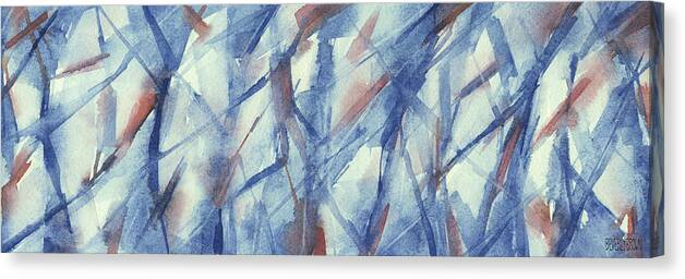 Abstract Canvas Print featuring the painting Blue White and Coral Abstract Panoramic Painting by Beverly Brown PRints