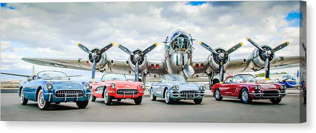 Corvettes With B17 Bomber Canvas Print featuring the photograph Corvettes with B17 Bomber by Jill Reger