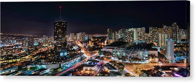 Hawaii Canvas Print featuring the photograph Honolulu Night Panorama by Dan McManus