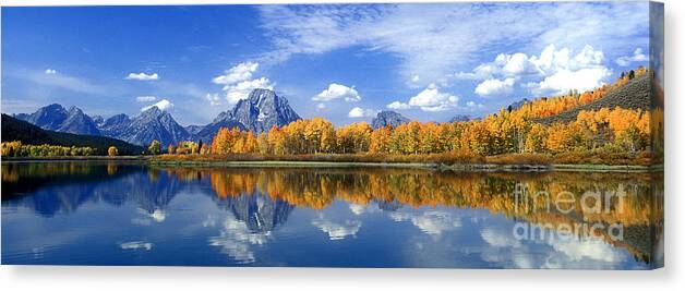 America Canvas Print featuring the photograph Panorama Fall Morning at Oxbow Bend Grand Tetons National Park by Dave Welling