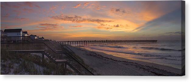 Fishing Pier Canvas Print featuring the photograph Sunrise on Topsail Island Panoramic by Mike McGlothlen