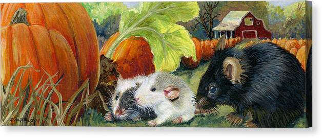 Mice Canvas Print featuring the painting Baby's First Autumn by Jacquelin L Vanderwood Westerman