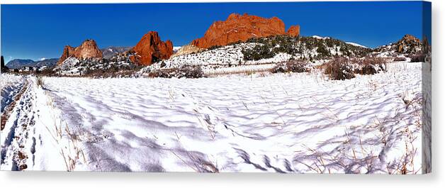 Garden Of The Cogs Canvas Print featuring the photograph Garden Of The Gods Snowy Morning Panorama by Adam Jewell