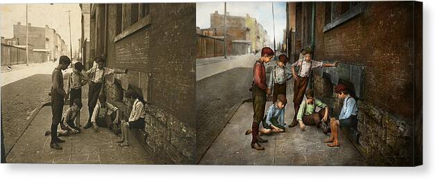 Gang Canvas Print featuring the photograph Kids - Cincinnati OH - A shady game 1908 - Side by Side by Mike Savad