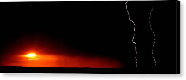  Canvas Print featuring the digital art Panoramic Lightning Storm and sunset by Mark Duffy