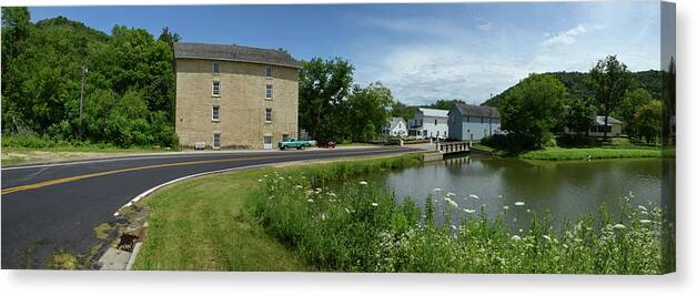 Mill; Flour Mill; 1854; Pickwick Mill; Minnesota; Museum; Rural Landscape; Rural; Countryside; Hillside; Pond; Quaint; Village Canvas Print featuring the photograph Pickwick Mill Panorama by Janice Adomeit