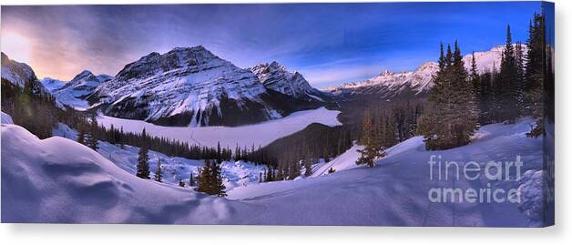 Peyto Lake Canvas Print featuring the photograph Purple Skies Over Peyto Panorama by Adam Jewell