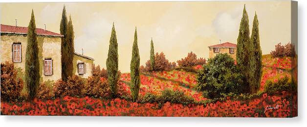 Landscape Canvas Print featuring the painting Tre Case Tra I Papaveri Rossi by Guido Borelli
