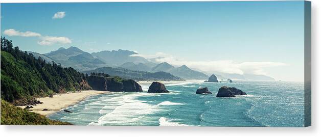 Scenics Canvas Print featuring the photograph Panoramic Shot Of Cannon Beach, Oregon by Kativ