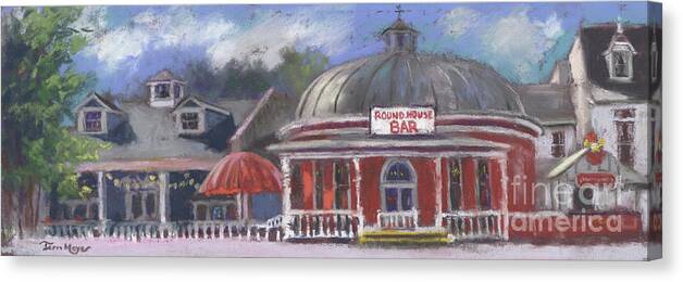 Panoramic Painting Of Round House Bar On Put-in-bay Canvas Print featuring the pastel Round House Bar - Put-In-Bay Ohio by Terri Meyer
