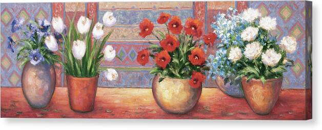 Five Flower Pots On A Table Top Canvas Print featuring the painting Row Of Flower Pots - B by Debra Lake