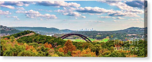 Austin Pennybacker Bridge Canvas Print featuring the photograph Austin Texas Images - Fall Colors at Pennybacker Bridge Pano by Bee Creek Photography - Tod and Cynthia