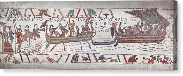 William The Conqueror Canvas Print featuring the tapestry - textile Bayeux Tapestry scene 3 - 4 - Harold Travels to Normandy #1 by Paul E Williams