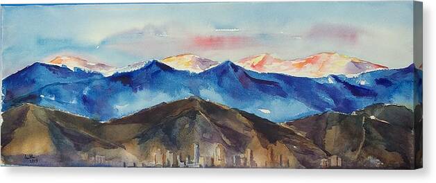 Denver Canvas Print featuring the painting Denver during Sunrise watercolor gift by Geeta Yerra