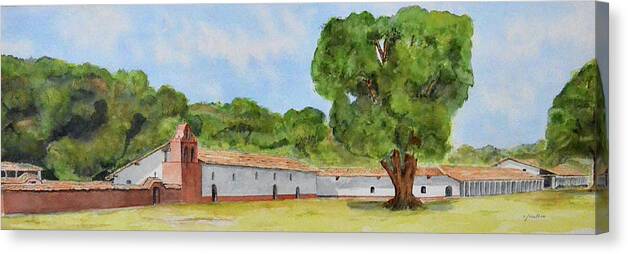 California Canvas Print featuring the painting La Purisima Mission Panorama - Watercolor by Claudette Carlton