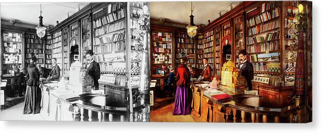 Book Canvas Print featuring the photograph Library - A novel idea 1895 - Side by Side by Mike Savad