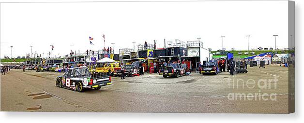 Nascar Canvas Print featuring the photograph NASCAR Camping World Truck Series panorama garage area by Pete Klinger