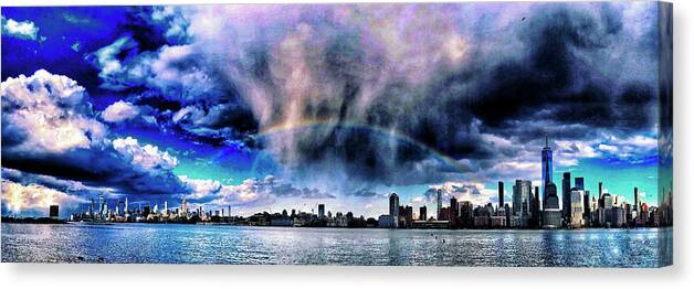 Rainbow Canvas Print featuring the photograph Rainbow over NYC by Alina Oswald