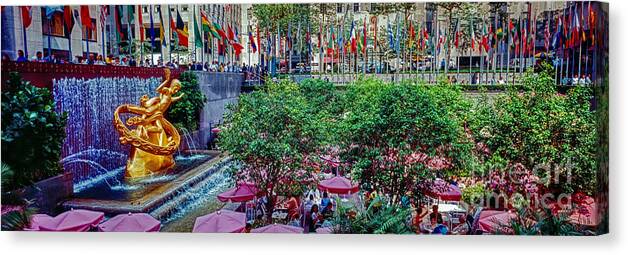 Rockefeller Canvas Print featuring the photograph Rockefeller Plaza New York City Summer cafe and fountain by Tom Jelen