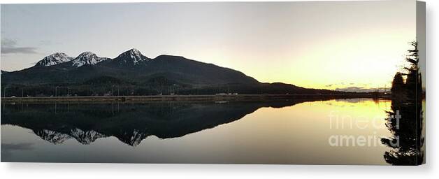 #alaska #juneau #ak #cruise #tours #vacation #peaceful #reflection #douglas #capitalcity #clearskies #postcard #evening #dusk #sunset #twinlakes #eagandrive Canvas Print featuring the photograph Saw-Toothed Douglas by Charles Vice