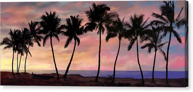 Hawaiian Sunset Canvas Print featuring the painting Palm Tree Sunset with Canoe by Stephen Jorgensen