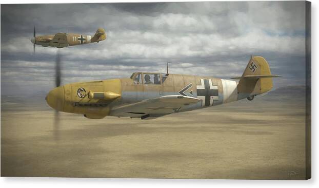 Wwii Canvas Print featuring the digital art bf 109 Desert Hunters - Painterly by Robert D Perry