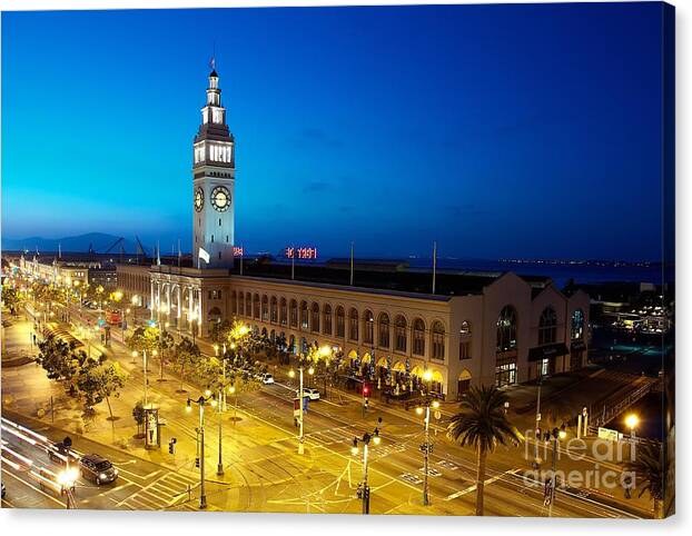 San Francisco Canvas Print featuring the photograph San Francisco Ferry Building on The Embarcadero by Mel Ashar