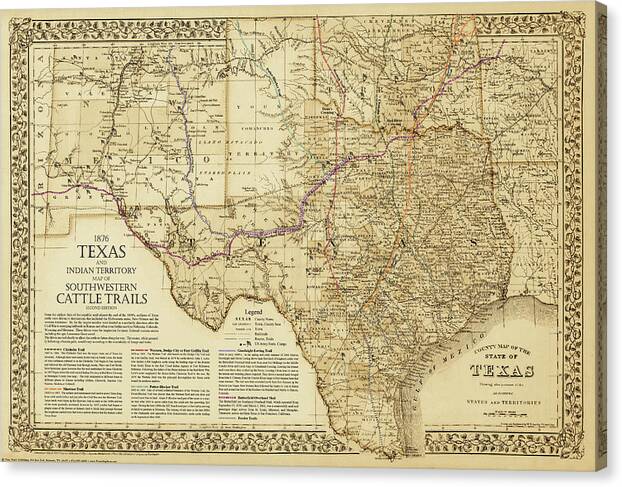 Cattle Trails Map Canvas Print featuring the digital art 1876 Great Texas and Southwestern Cattle Trails Map by Texas Map Store