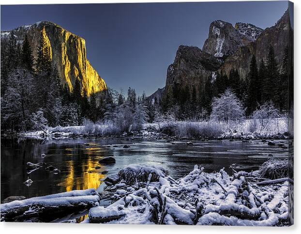 Cold Canvas Print featuring the photograph Sunrise at El Capitan by Don Hoekwater Photography