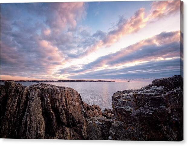 New Hampshire Canvas Print featuring the photograph Rocky Coast At Daybreak . by Jeff Sinon