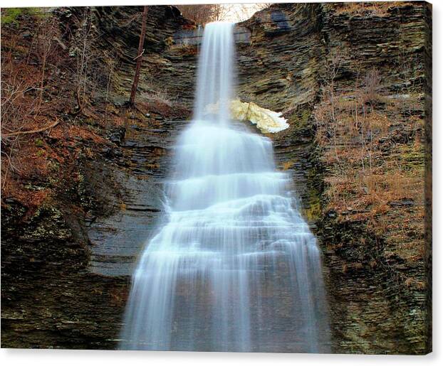 Water Fall Canvas Print featuring the photograph Montour Falls and snow patch by Catie Canetti