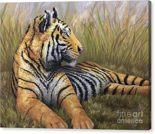 Tiger Canvas Print featuring the pastel Tiger in Grass by Wendy Koehrsen