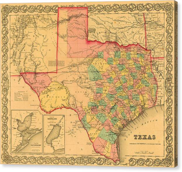 Texas Canvas Print featuring the digital art 1855 Texas County Map by J.H. Colton by Texas Map Store