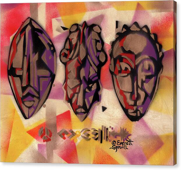 African Mask Canvas Print featuring the mixed media Three African Masks by Everett Spruill