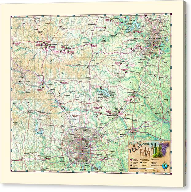Texas Canvas Print featuring the digital art Texas Hill Country Map by Texas Map Store