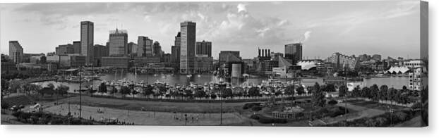 Baltimore Skyline Canvas Print featuring the photograph Baltimore Harbor Skyline Panorama BW by Susan Candelario